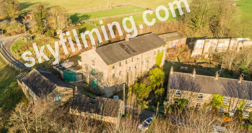 Drone aerial photograph of historic mill building near Harrogate in North Yorkshire