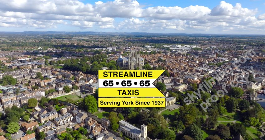 Drone and ground camera filming and video editing York taxi company promo videos York Minster view